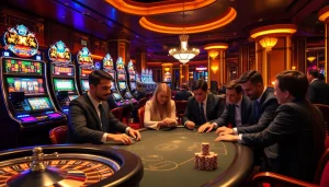 Experience the excitement at birutoto as players strategize at a poker table surrounded by vibrant slot machines.
