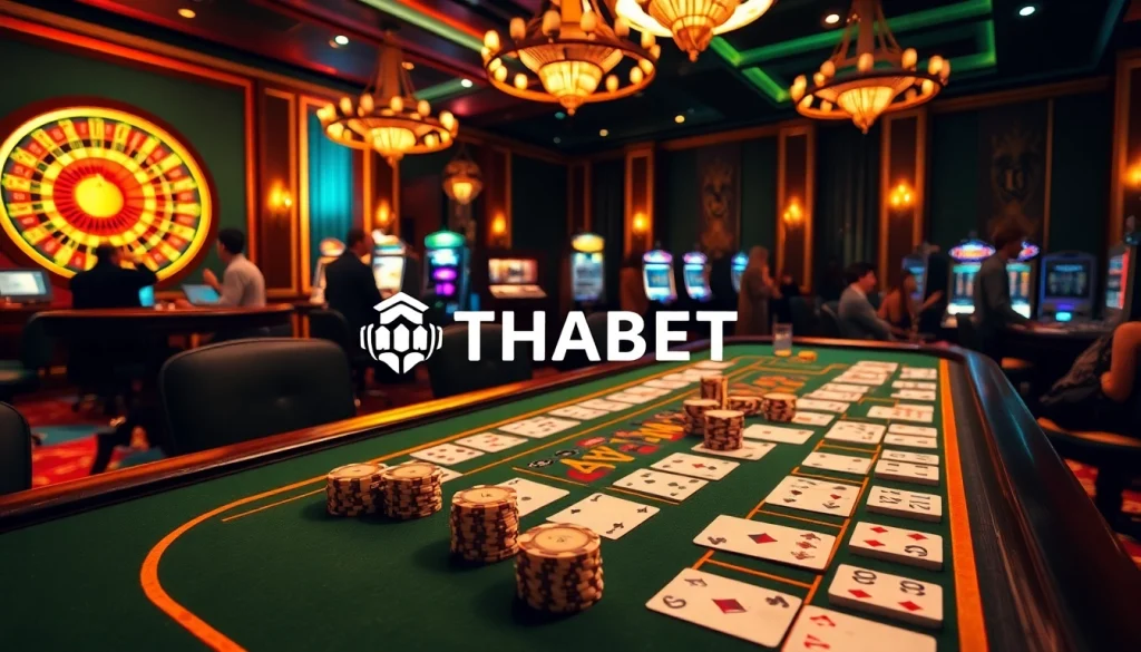 Experience the thrill of winning at THABET, featuring a vibrant casino scene with cards and chips.