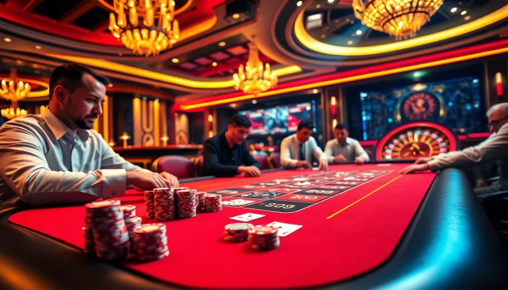 Experience the thrill of gambling at Trang Chủ QQ88 with a vibrant poker scene showcasing intense gameplay and luxury.