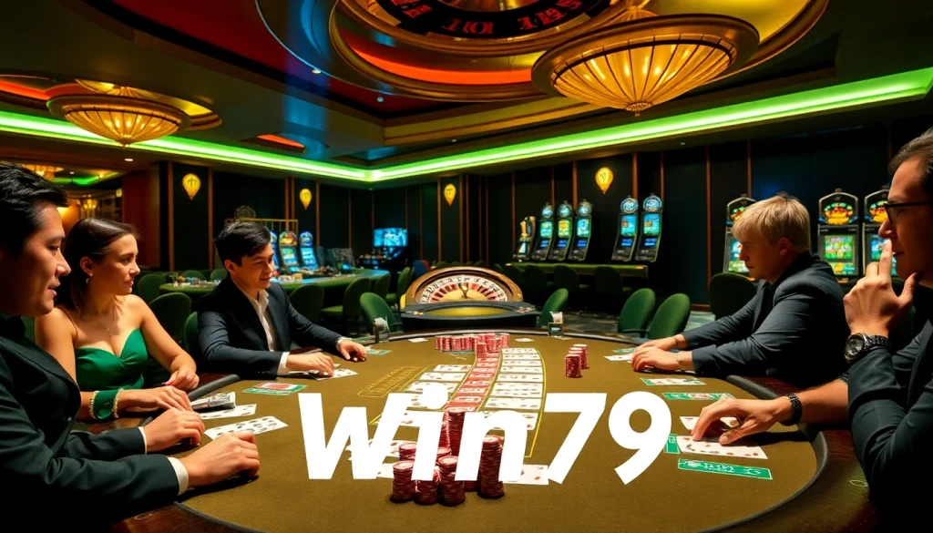 Win79 players enjoying an exciting game night with poker chips on the table.