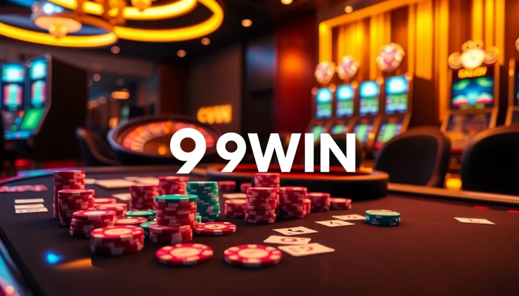 Engaging gamblers at the vibrant 9WIN casino table amid colorful poker chips and cards.