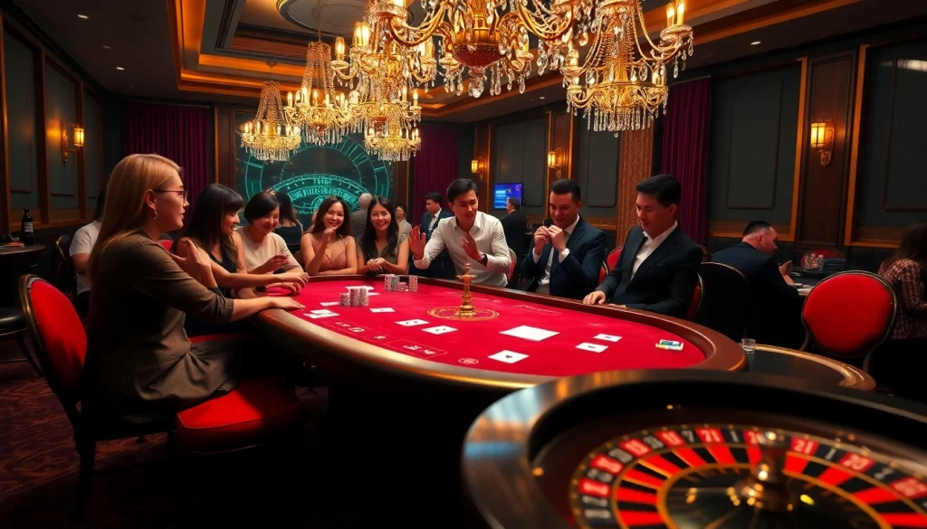 XIN88 casino scene with players at a poker table showcasing vibrant excitement and luxury.