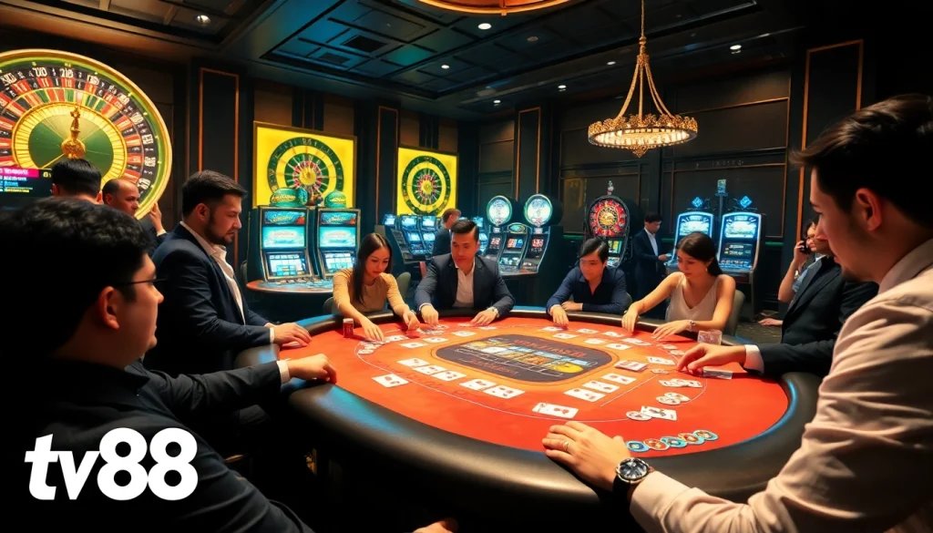 Experience an exciting poker game at tv88 with vibrant colors and professional players engaged.