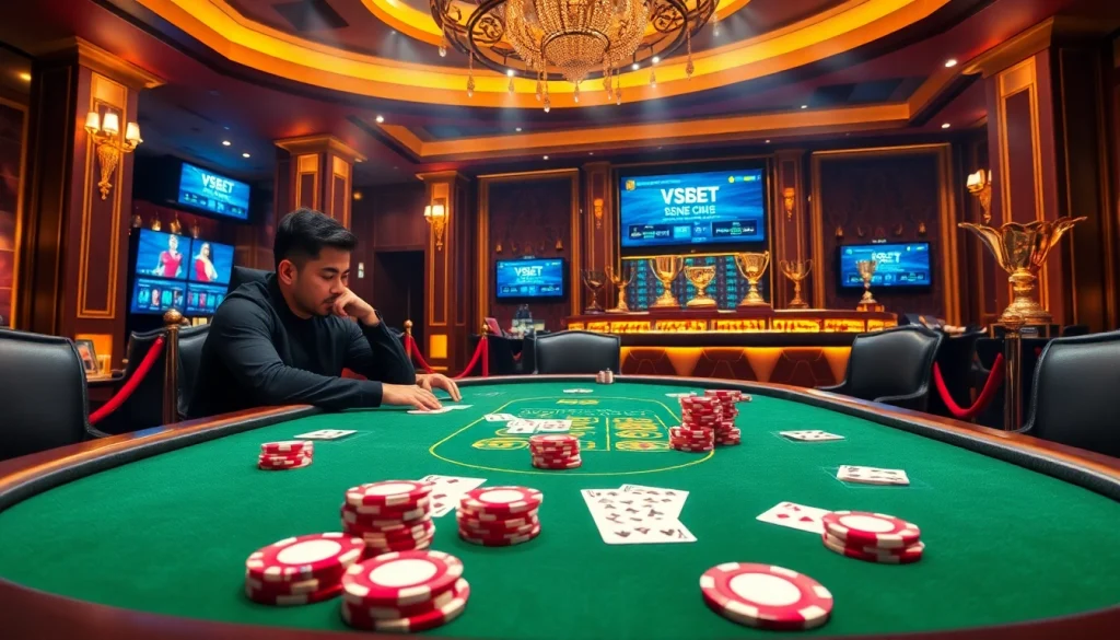 Intense poker action at vsbet3 net with players, chips, and a professional dealer in a luxurious casino setting.