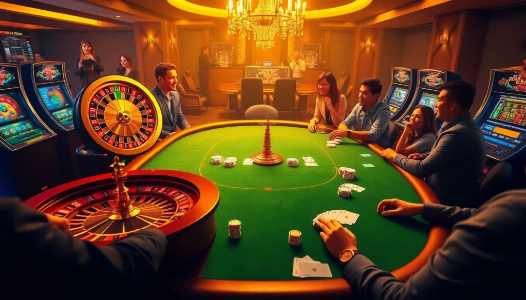 Experience thrilling action at Hi 88 casino, featuring poker tables, roulette wheels, and vibrant slot machines.