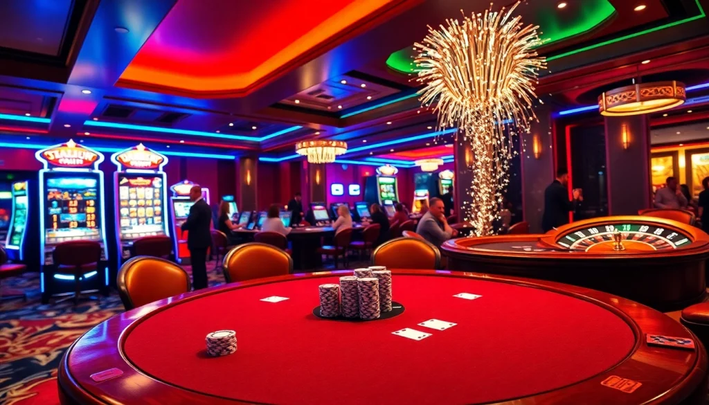 Players enjoying a lively poker game at OKFUN casino, surrounded by colorful slot machines and a spinning roulette wheel.