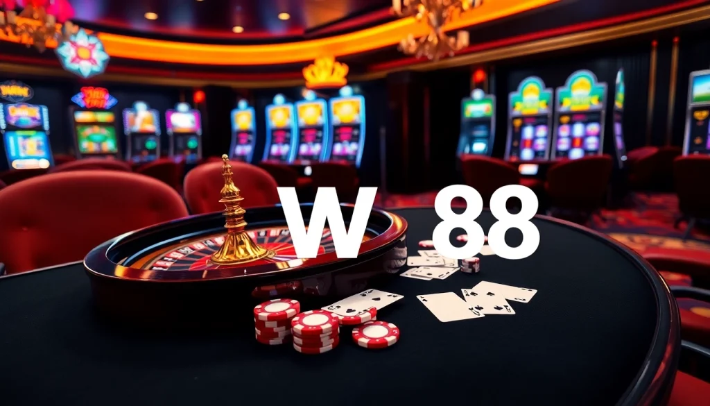 Action-packed gambling experience at nhà cái W88 featuring poker chips, cards, and roulette.