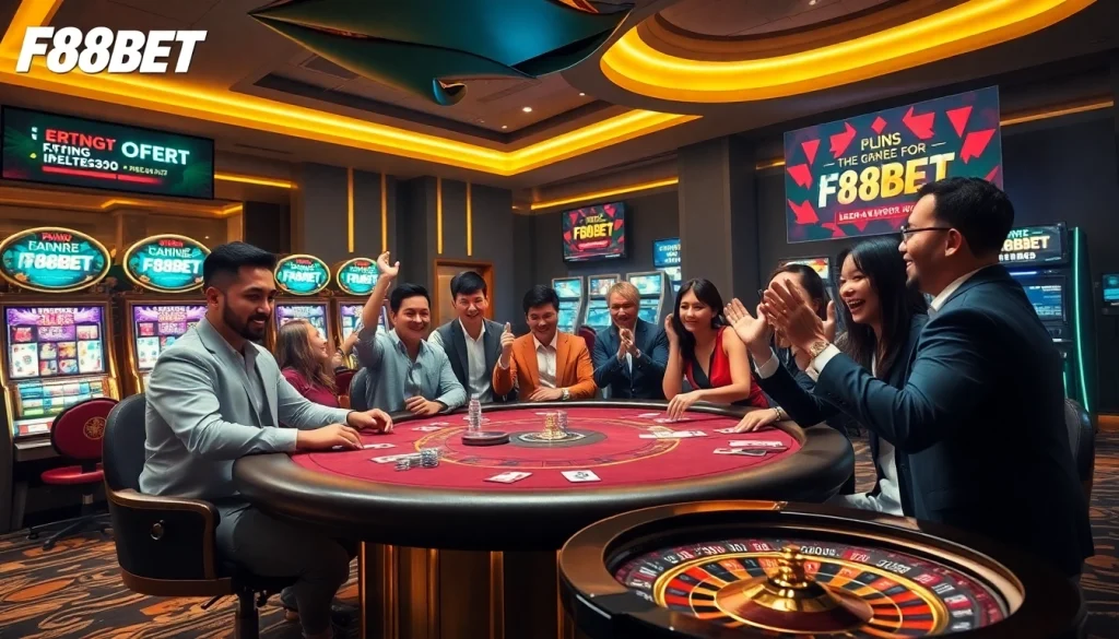 Players enjoying a thrilling poker game at F88BET casino, highlighting excitement and luxurious ambiance.