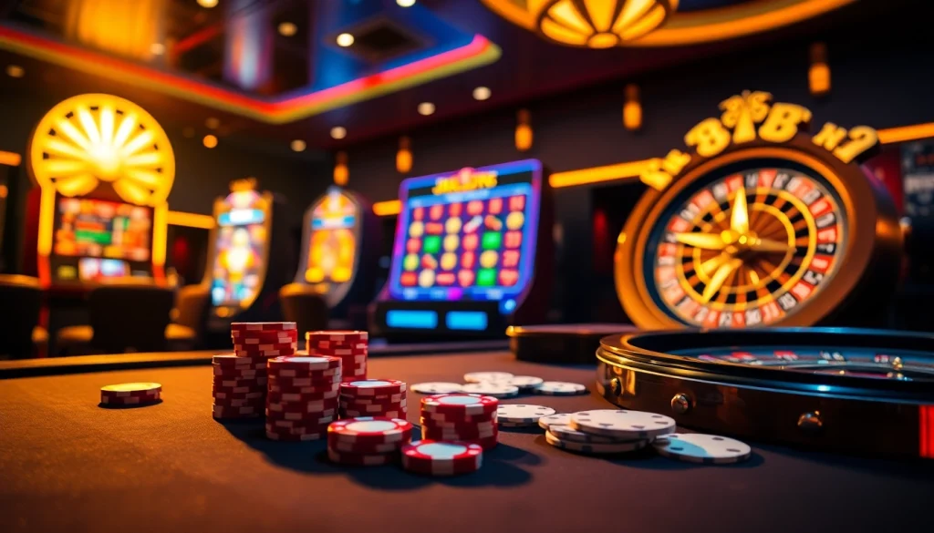 Experience excitement with j88 poker chips and cards at a luxurious casino table.