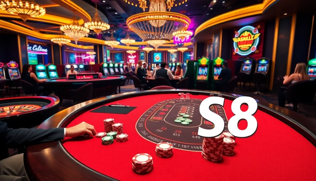 Players enjoying a lively gaming experience at the S8 casino, featuring a vibrant blackjack table and roulette wheel.