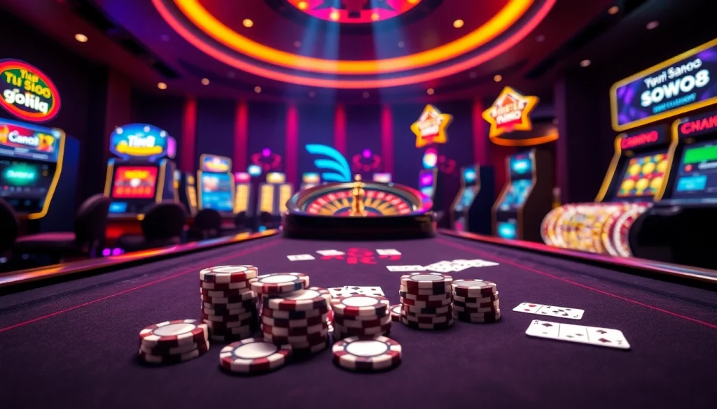 Tải app go8 with vibrant casino elements, including a poker table and slot machines.