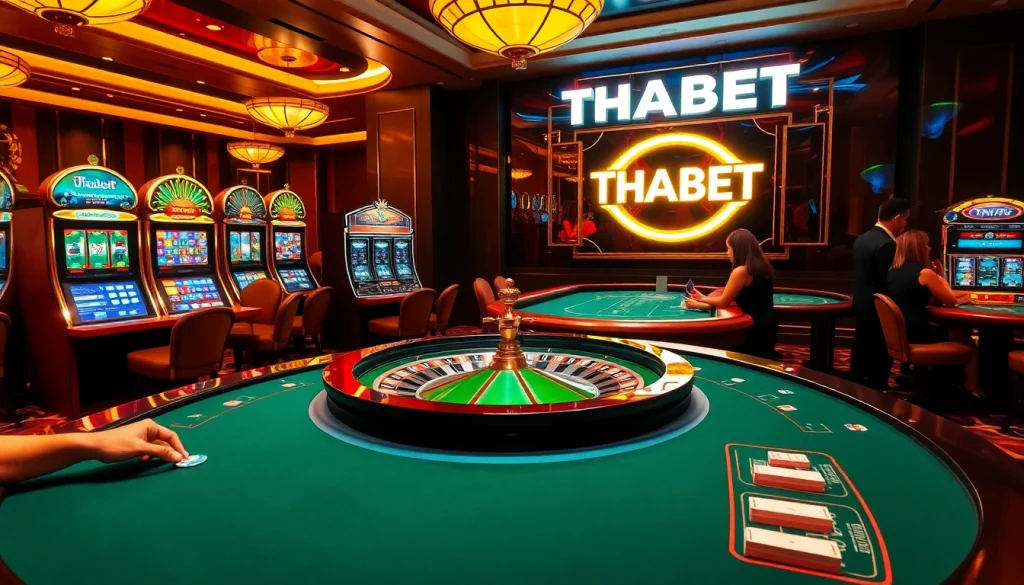 A lively casino atmosphere with players enjoying games at the THABET roulette and poker tables.