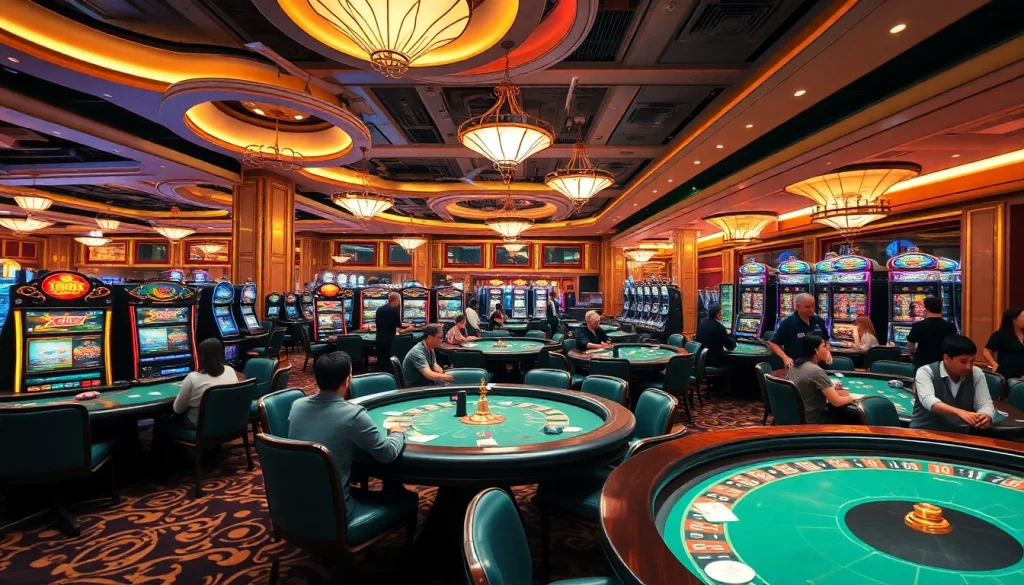 Experience the excitement of Liên minh KJC in a luxurious casino setting with vibrant gaming tables and lively players.