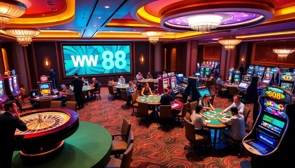 Engaged players enjoying their bets at the WW 88 casino with vibrant games and luxurious decor.
