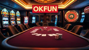 Engage in thrilling games at OKFUN Casino with vibrant slot machines and exciting poker tables.