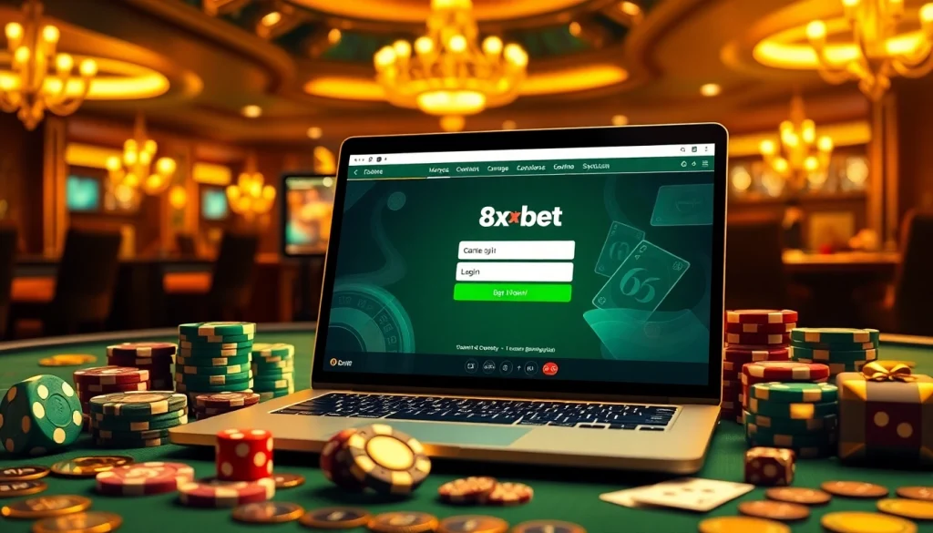 Engage with 8xbet by logging in on a sleek laptop surrounded by vibrant casino elements.