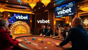Watch players at the vsbet poker table amidst a luxurious casino atmosphere, with vibrant colors and excitement.