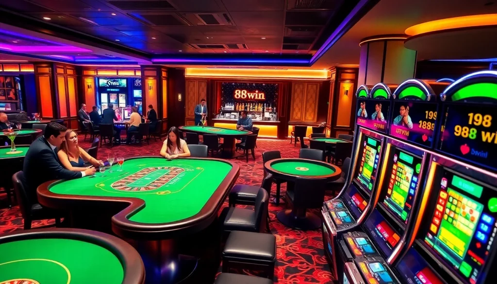Experience the excitement of 98win with players at vibrant casino tables and shiny slot machines.