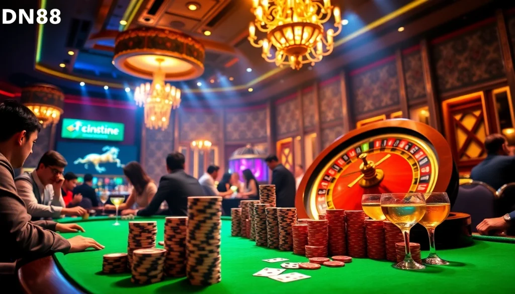 Experience thrilling gameplay at DN88 casino with colorful poker chips and vibrant tables.
