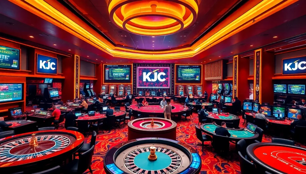 KJC casino players enjoying poker and roulette in a luxurious gaming environment.