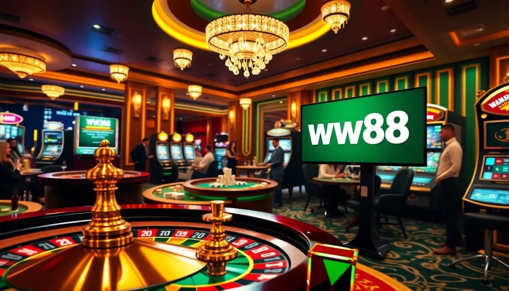 Experience the excitement of online gambling with link vào ww88 in a luxurious casino setting filled with roulette wheels and poker chips.