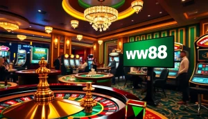 Experience the excitement of online gambling with link vào ww88 in a luxurious casino setting filled with roulette wheels and poker chips.