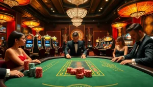 Players engaging in high-stakes poker at a luxurious VIN88 casino table, showcasing excitement and strategy.
