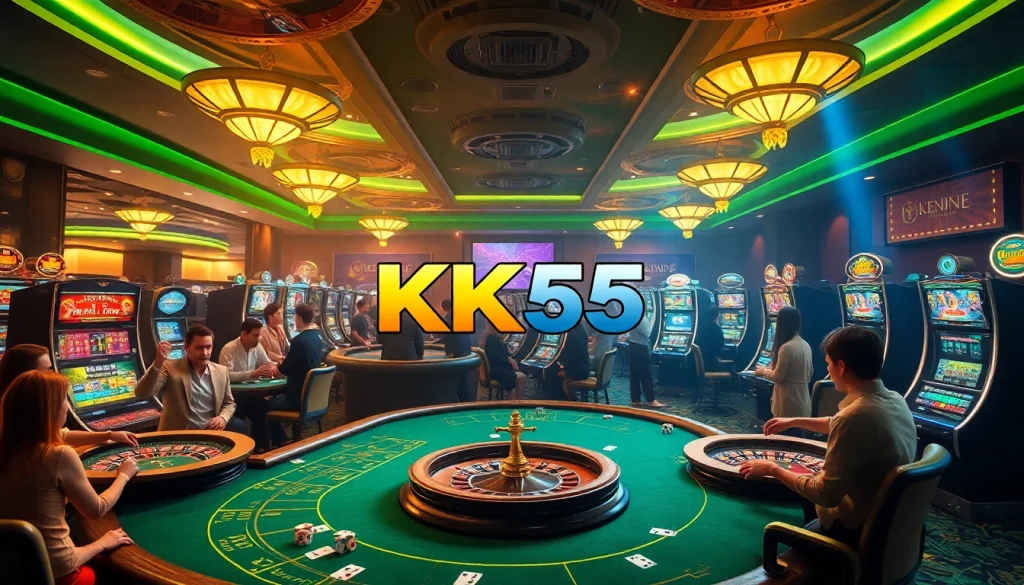 Experience the thrill of KK55 through vibrant casino games featuring lively roulette wheels and poker tables.