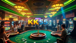 Experience the thrill of KK55 through vibrant casino games featuring lively roulette wheels and poker tables.