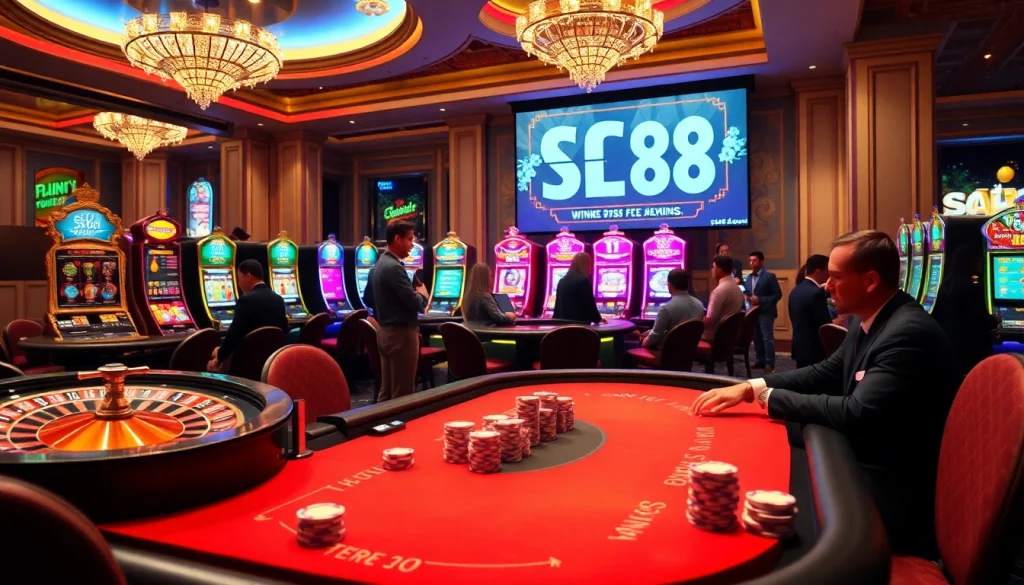 Players strategizing at a poker table in a luxurious casino featuring sc88 games.