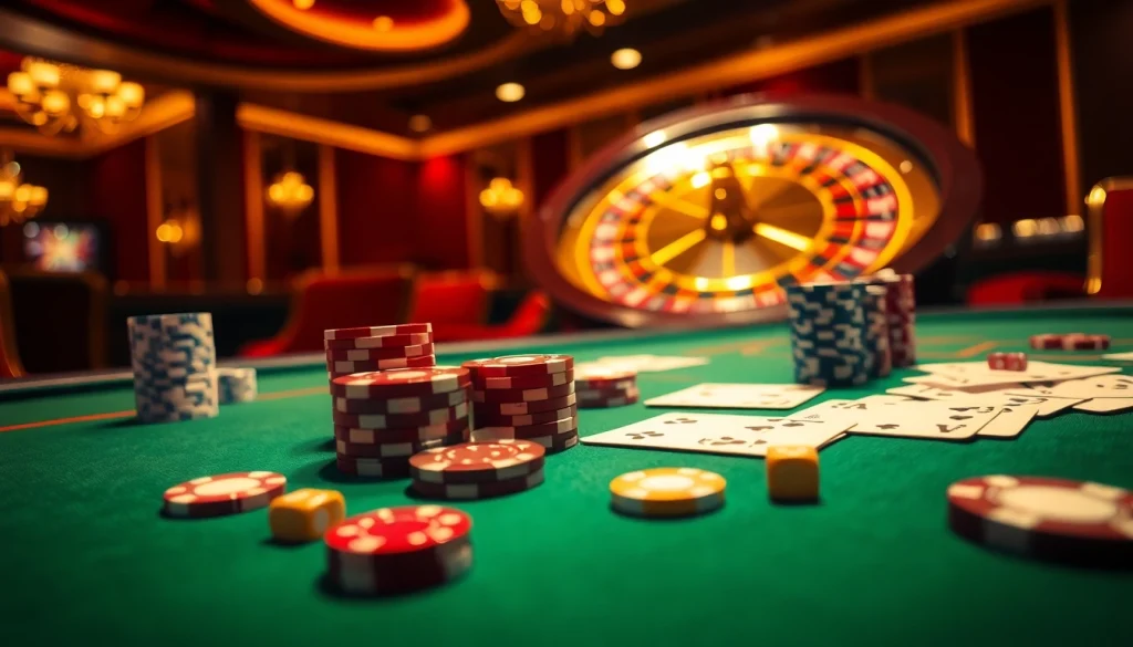 Experience exciting gaming action with lu88 at a vibrant casino table filled with chips and cards.