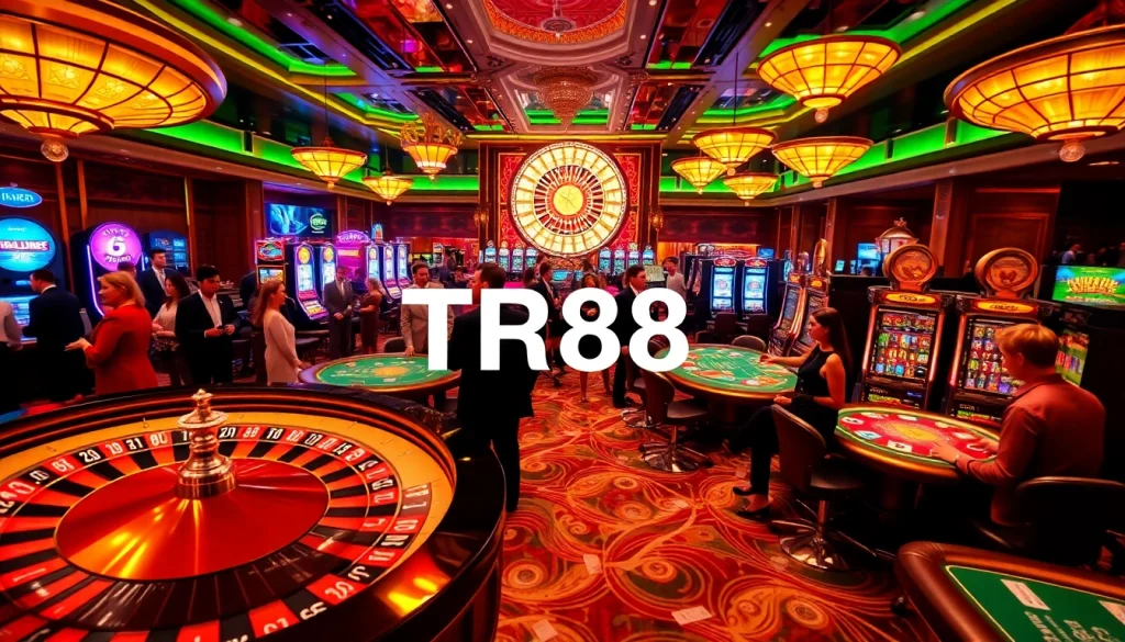 TR88 gamblers experiencing thrill at casino tables with roulette and poker action.