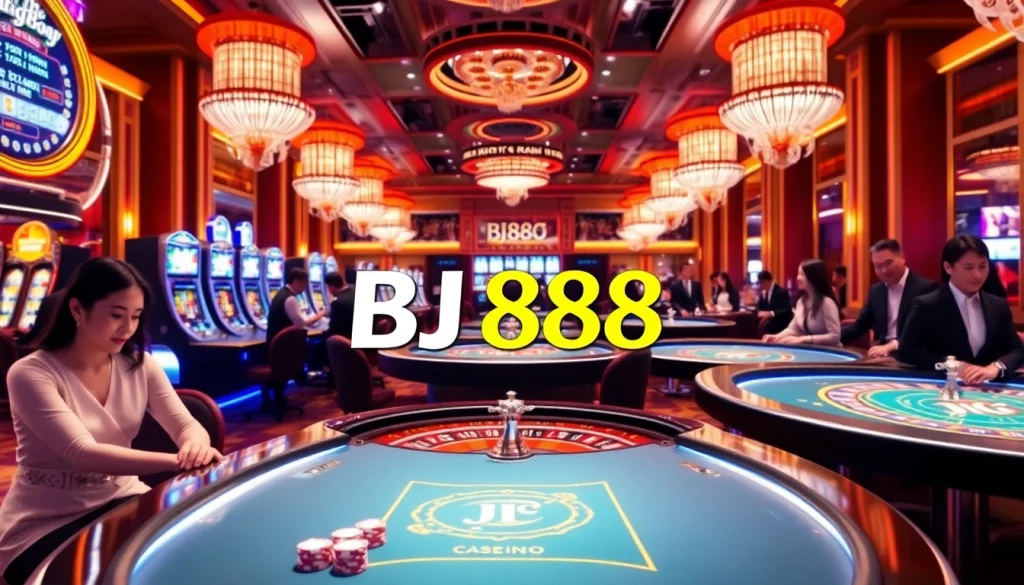 Experience the excitement of BJ888 with players enjoying casino games in a luxurious setting.