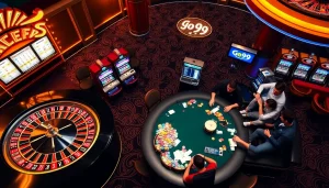 Exciting Go99 casino atmosphere with roulette, slot machines, and poker table action.