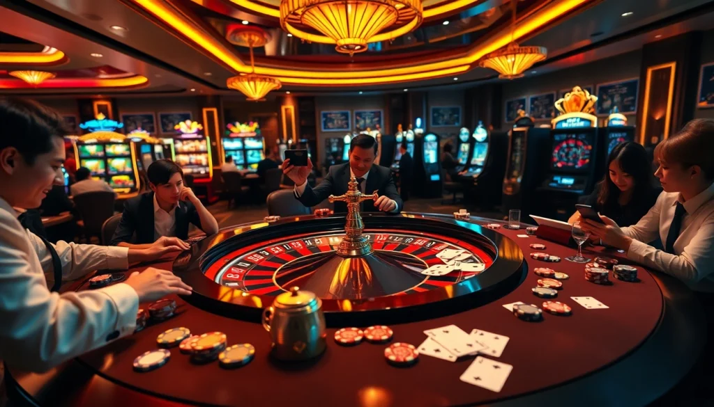 Engaging in the luxurious gaming environment of trang chủ 8kbet featuring roulette and poker tables.