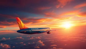 Flight VN168 of Vietnam Airlines soaring through a vibrant sunset sky.
