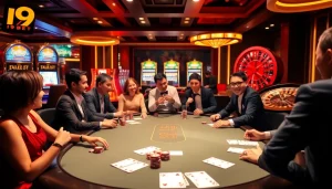I9BET players engaging in a high-stakes poker game surrounded by vibrant casino elements.