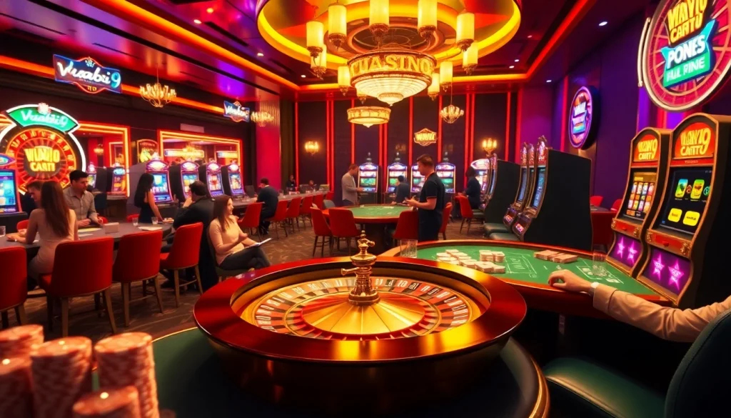 Experience thrilling gameplay at Vuabai9 with exciting poker chips and roulette tables in a luxurious casino setting.