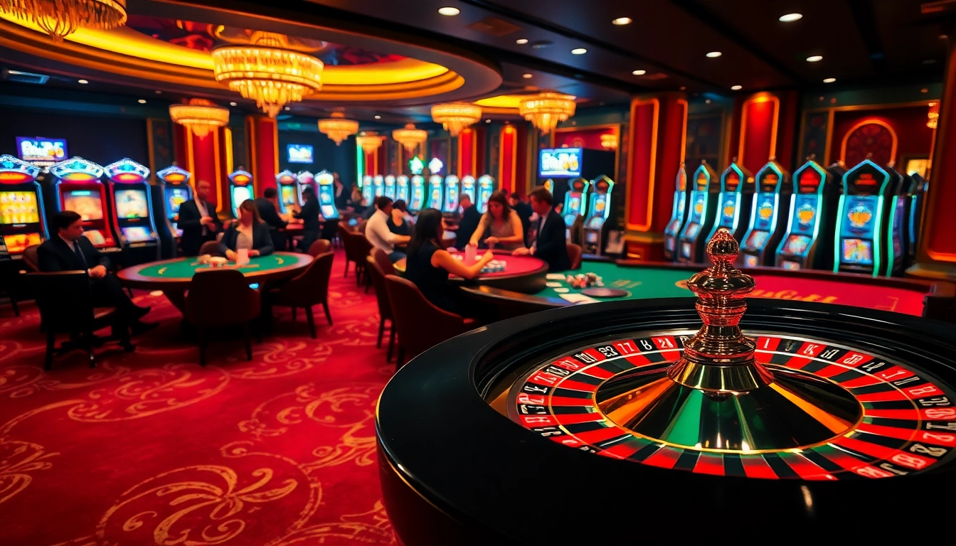 Experience the thrilling ambiance of bem88 with players at a roulette table in a luxurious casino setting.