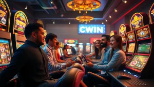 CWIN's vibrant online gambling atmosphere with players enjoying slots and sports betting.