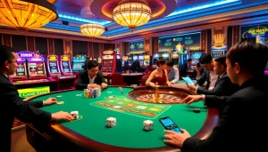 Engaging players at Trang Chủ 56WIN enjoying poker and slots in a vibrant casino.