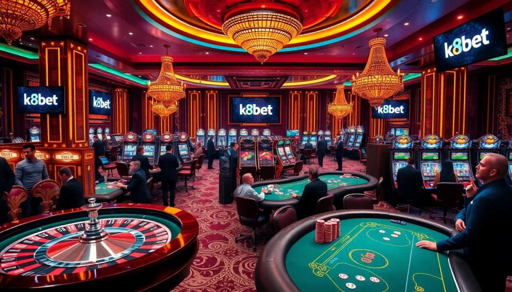 High-energy casino scene featuring k8bet logo, roulette wheel, and poker players engrossed in excitement.