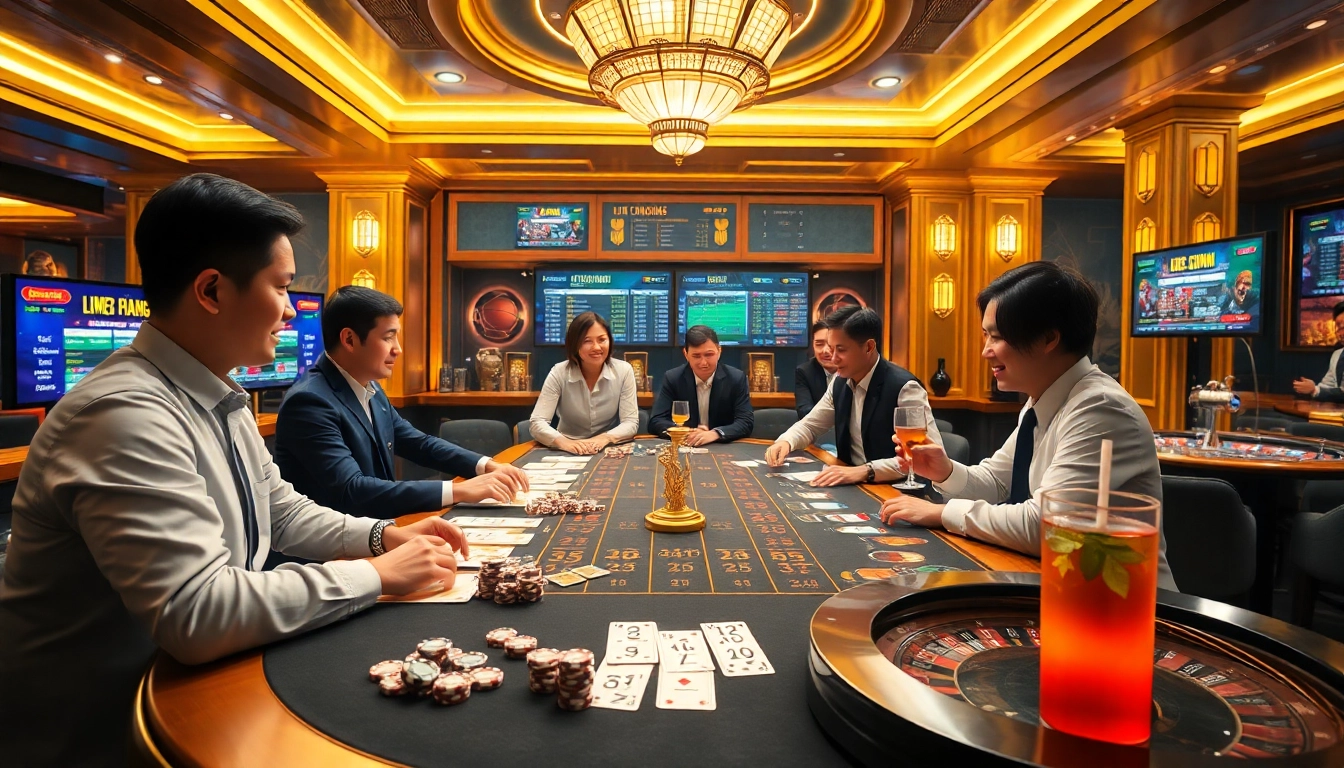 Kèo Bóng Đá betting scene featuring an elegant casino table with vibrant slips and excited gamblers.