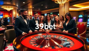 A group of excited players at a luxurious roulette table in the vibrant casino 39bet setting.
