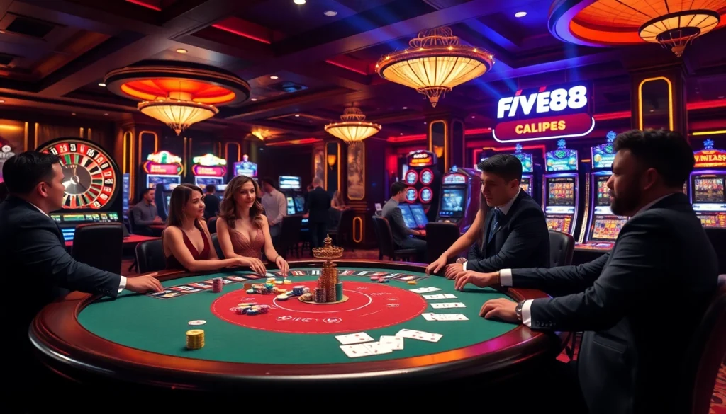 Engaging players enjoy the casino experience at FIVE88 with poker and slot machines.
