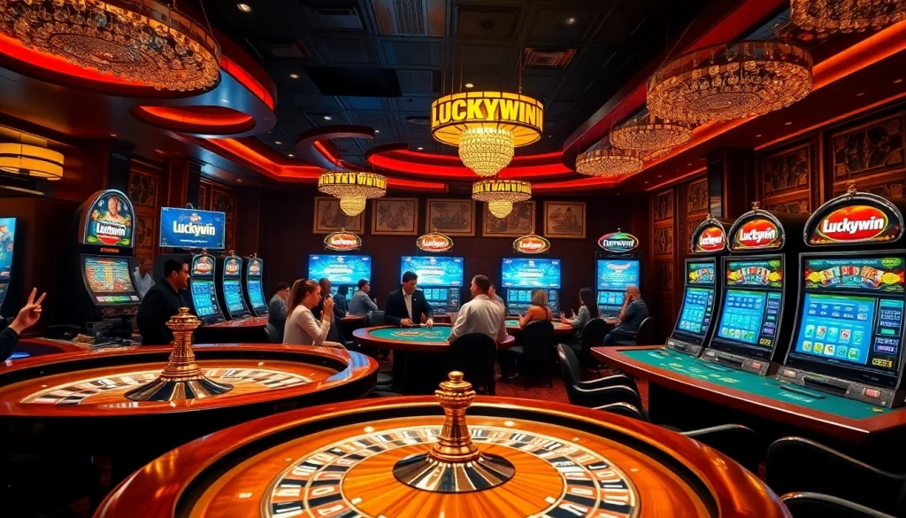 Players enjoy exciting games at Luckywin's vibrant casino, featuring roulette wheels and slot machines.