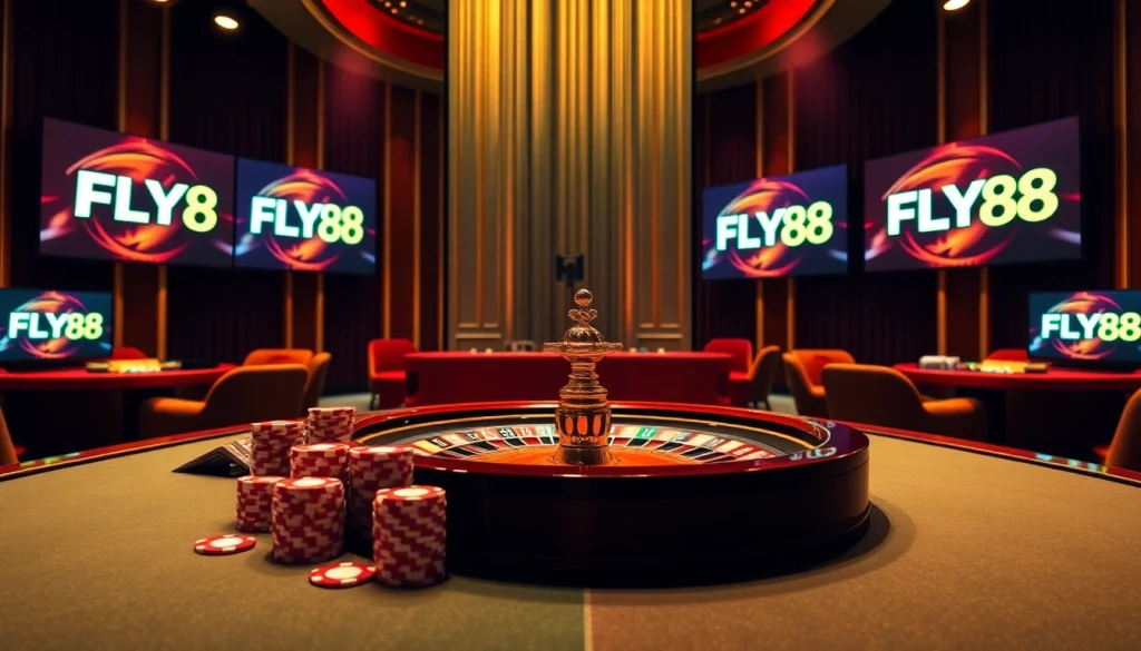 Experience the excitement of nhà cái uy tín FLY88 with vibrant casino visuals and poker action.