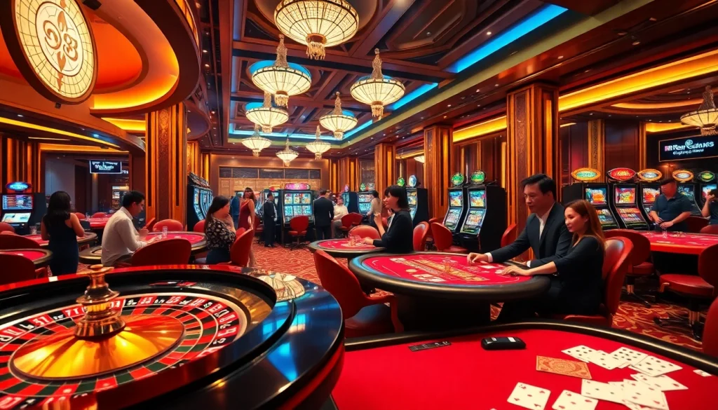 Players enjoying exciting games at RR88 casino with vibrant slot machines and poker tables.
