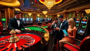 Exciting casino atmosphere highlighting RR88 with roulette, poker tables, and vibrant slot machines.