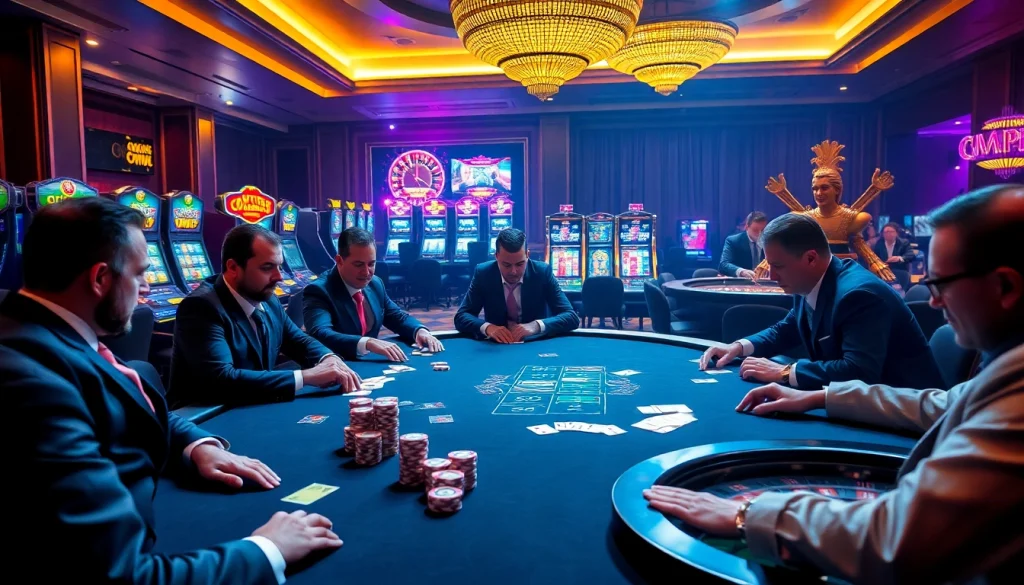 High-stakes poker action in a luxury casino setting at https://okking.group/ with chips and cards.